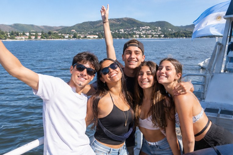Grupo de egresados durante el paseo en barco por el lago San Roque