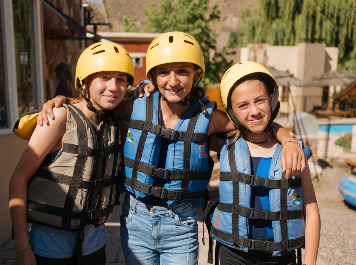 Tres alumnas con cascos y chalecos antes de una actividad de rafting en San Rafael