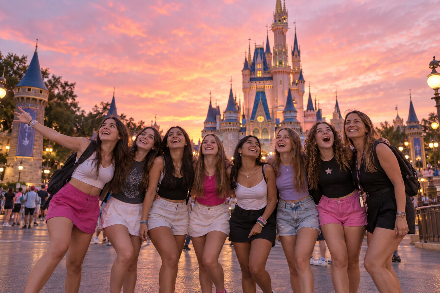 Grupo Be Fun en Magic Kingdom al atardecer