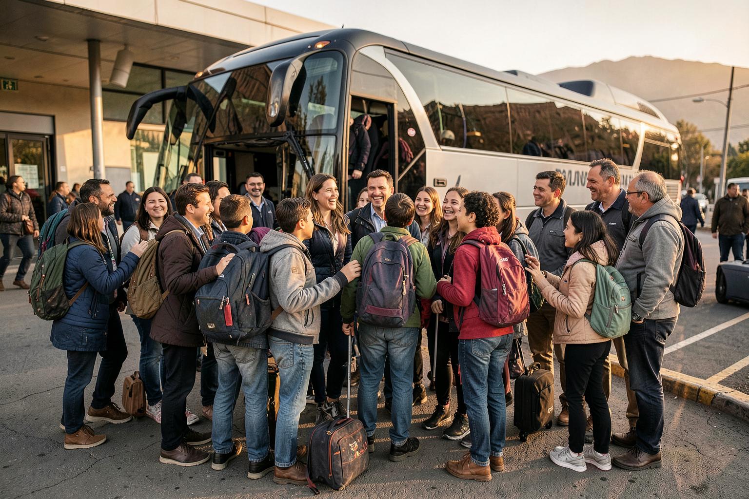 Grupo de egresados reencontrándose con sus familias al regresar a Mendoza