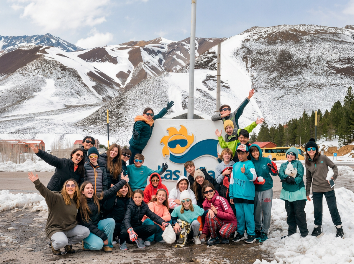 Grupo de alumnos en el paisaje nevado de Las Leñas