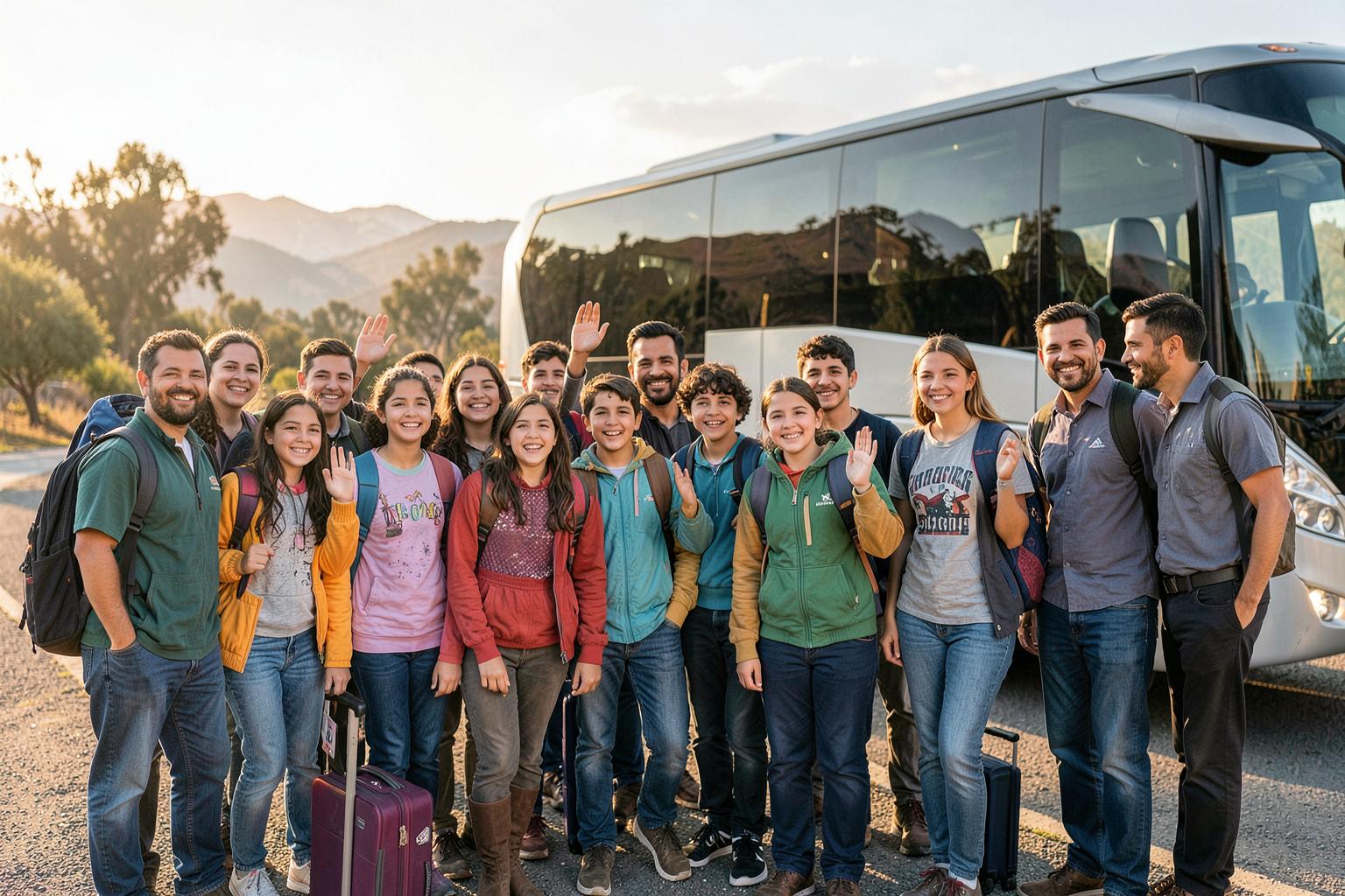 Grupo de egresados junto al bus antes de salir de Mendoza