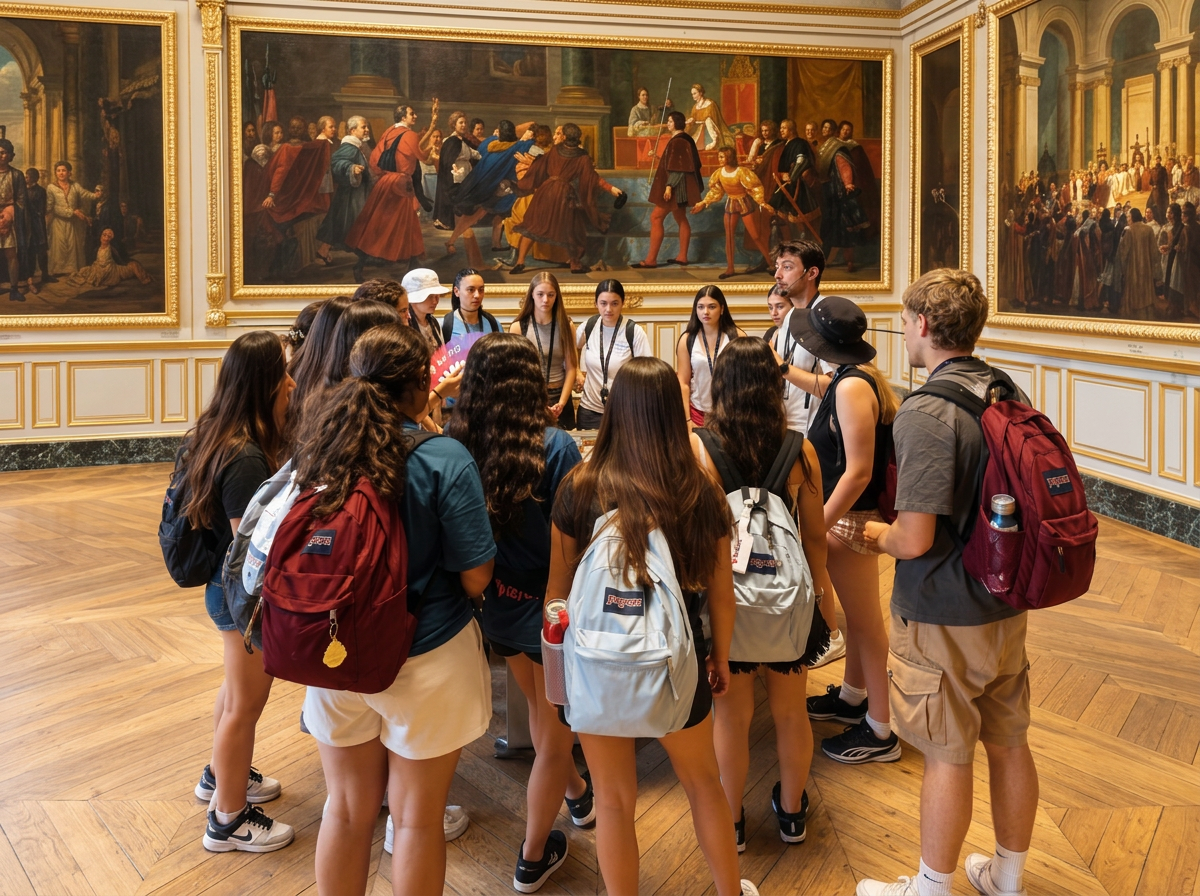 Estudiantes Be Fun & Learn recorriendo un museo con su coordinador